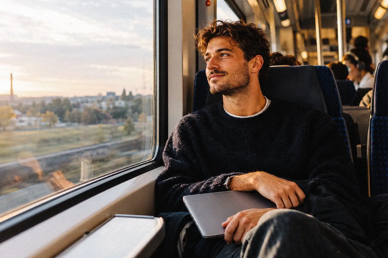 Junger Mann im Zug blickt auf eine europäische Stadt