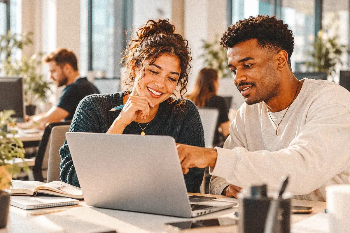 Zwei Personen besprechen gemeinsam Inhalte am Laptop